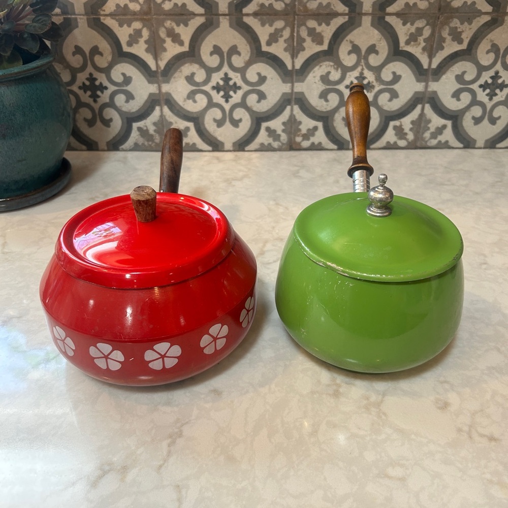 Vintage 1970s SET OF TWO Enamel & Metal  Saucepans with Wooden Handles